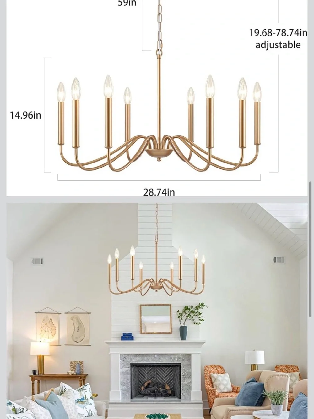 Antique Gold Farmhouse Chandelier, 8 Light Rustic Lighting Fixture Modern